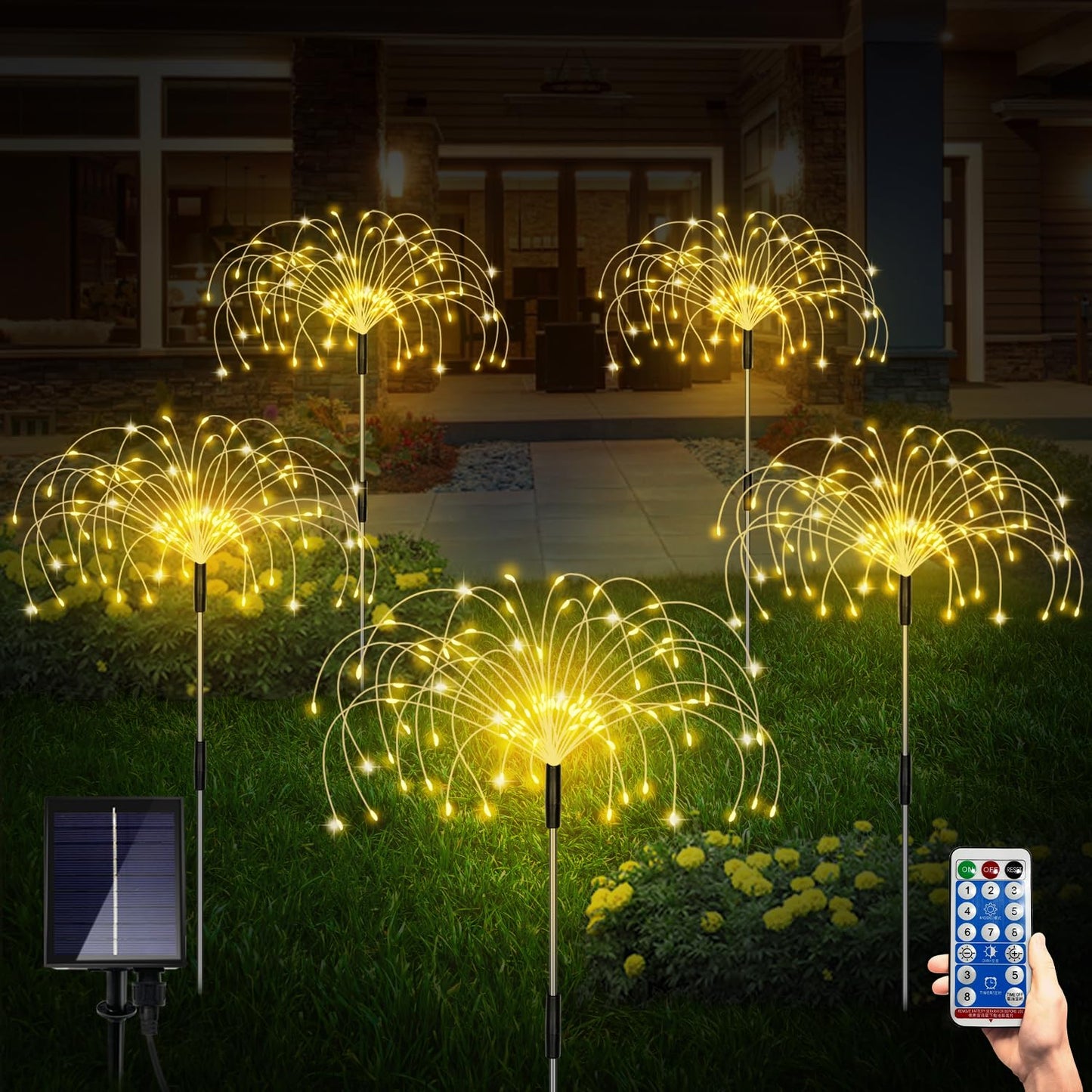 Maleyt Solar Garden Lights, Outdoor Firework Lights, 5 Pack 120 LED Decorative Stake with Remote, 8 Modes DIY Landscape Light Waterproof Lamps for Walkway Pathway Backyard Lawn (Warm)