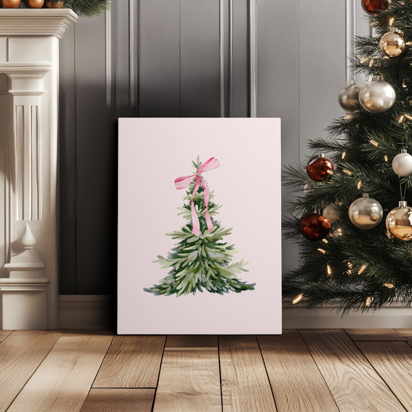 JWVK Ty-You-031 Prints Pink Coquette Bow Trendy Christmas Pine Tree Framed Wall Art Canvas Decor Decorations for Bedroom, Pink Christmas Signs Sign, 11x14