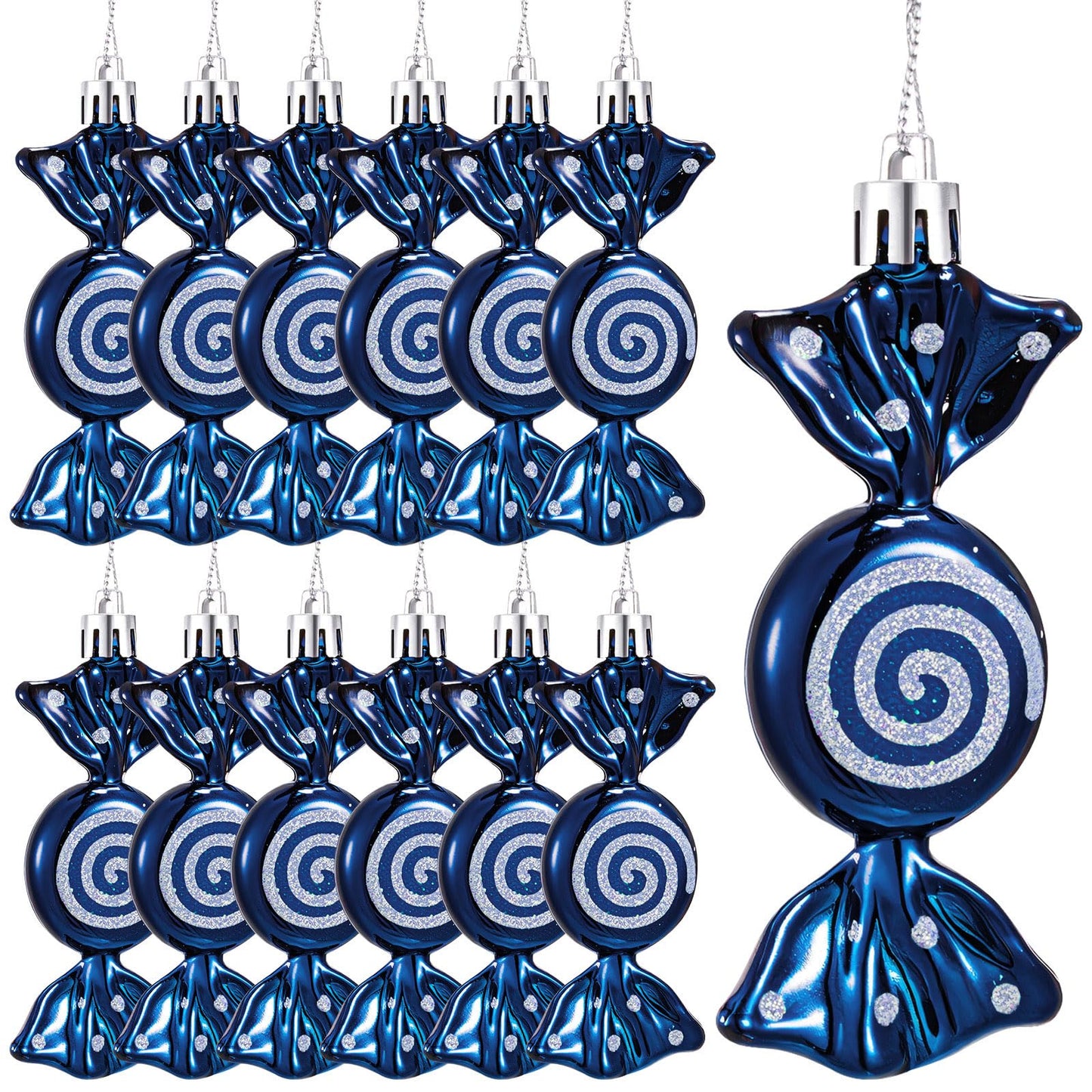 Threan 12 Pcs Christmas Candy Ornaments for Tree Decoration Hanging Glitter Candy Cane Christmas Peppermint Ornament with Golden Rope for Xmas Holiday Decoration(Dark Blue,Plastic)