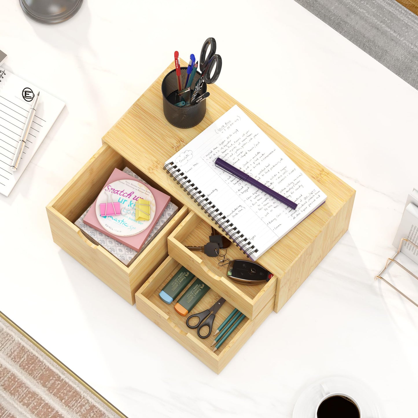 Wisuce Desk Organizer with Drawers - Bamboo Desktop Organizer Storage | White-Natural Wood Desk Drawers Organizer for Bills, Office Supplies, Cosmetics, Seals No Assembly Required(3 drawers edge-free)