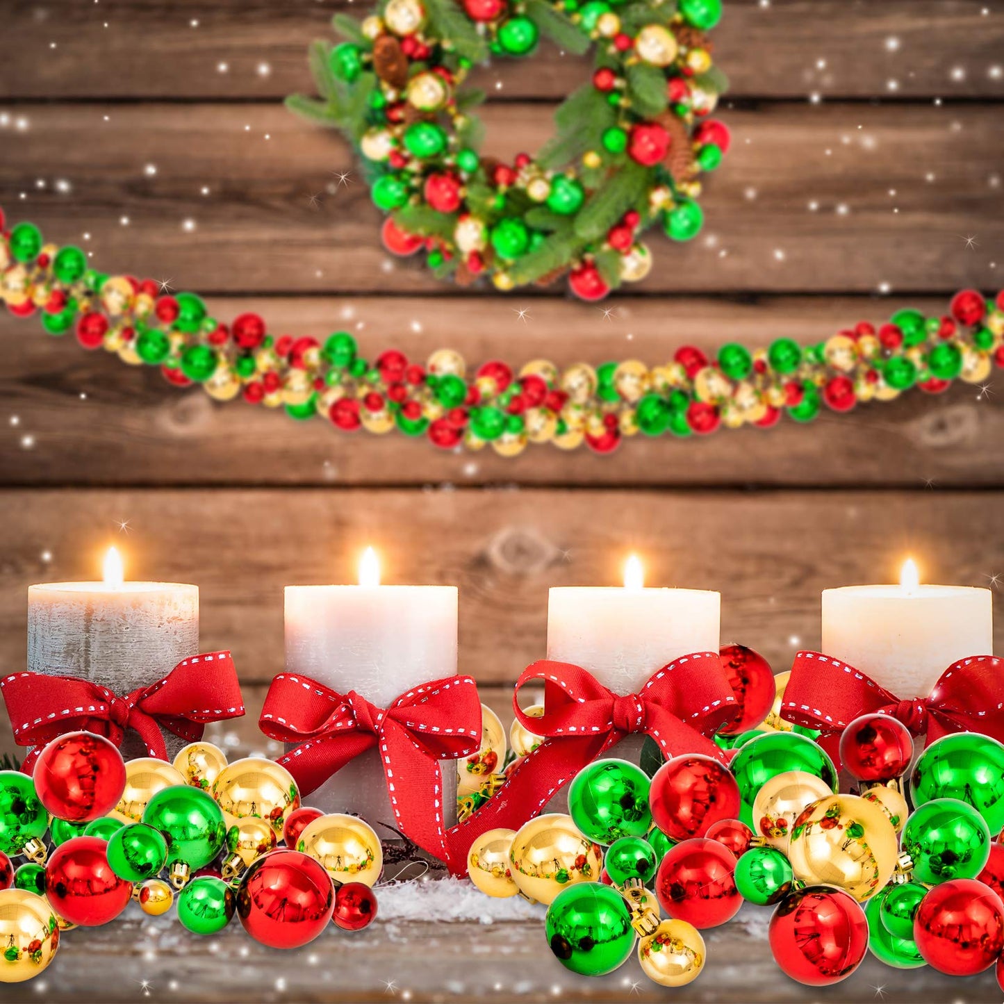 Whaline Christmas Ball Garland Ball Ornament 6ft Bauble Garland Christmas Tree Ball Decoration Shatterproof Ball Ornaments for Xmas Party Supplies, Indoor Outdoor Home Office, Red Green Gold