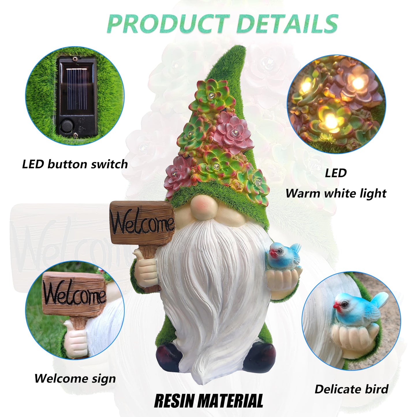VIOYOUNS Solar Gnomes Garden Statues,Resin Gnome Figurine Holding Welcome Card and Bird with Solar Lights, Outdoor Gnomes Decorations for Yard Patio Lawn Porch, Garden Gifts