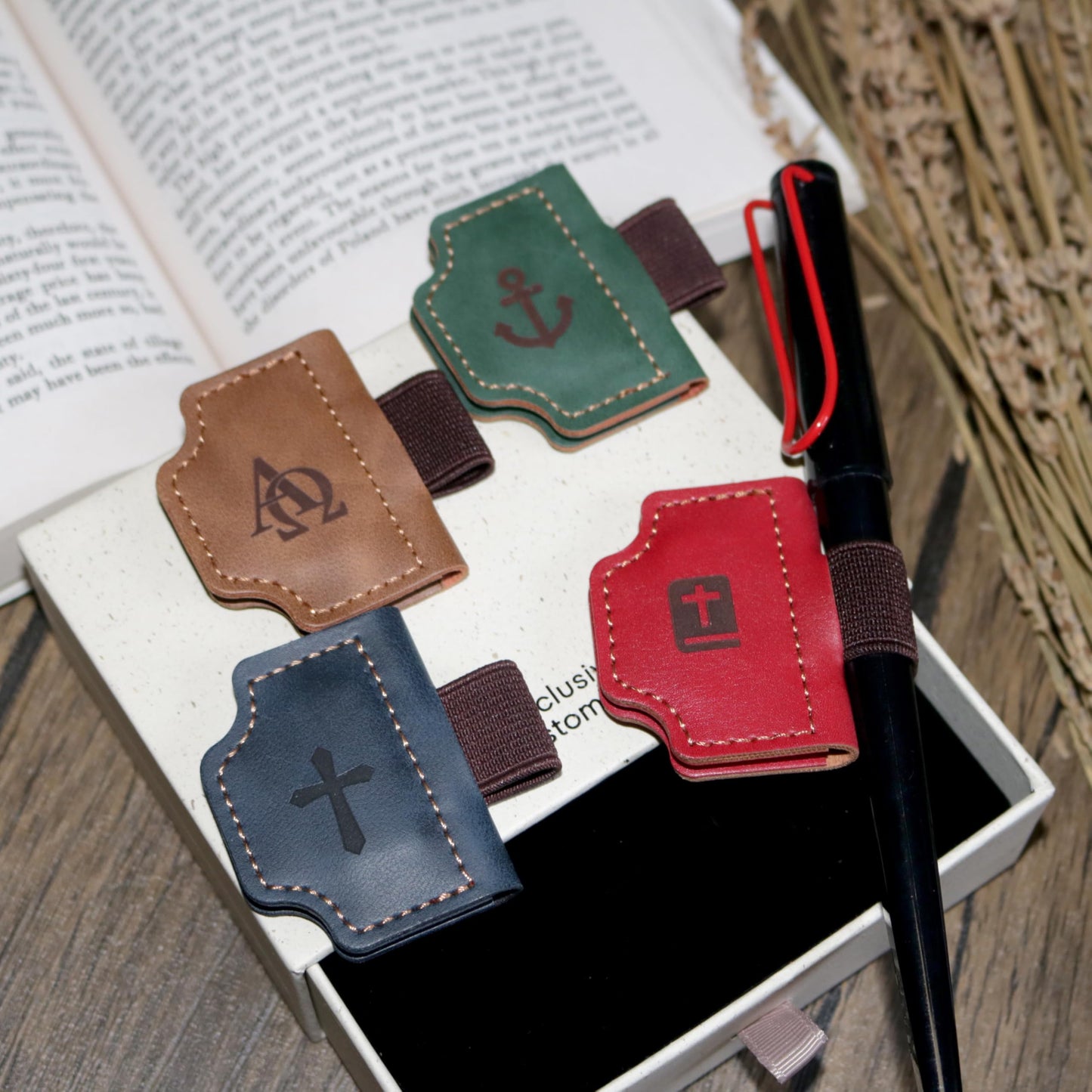 Buyborgood 4 Pcs Personalized Magnetic Leather Bookmark Pen Holder Book Lovers Christian Gifts Bygone Mark for Reading, Red-Bible + Brown-AΩ + Blue-Cross + Green-Anchor