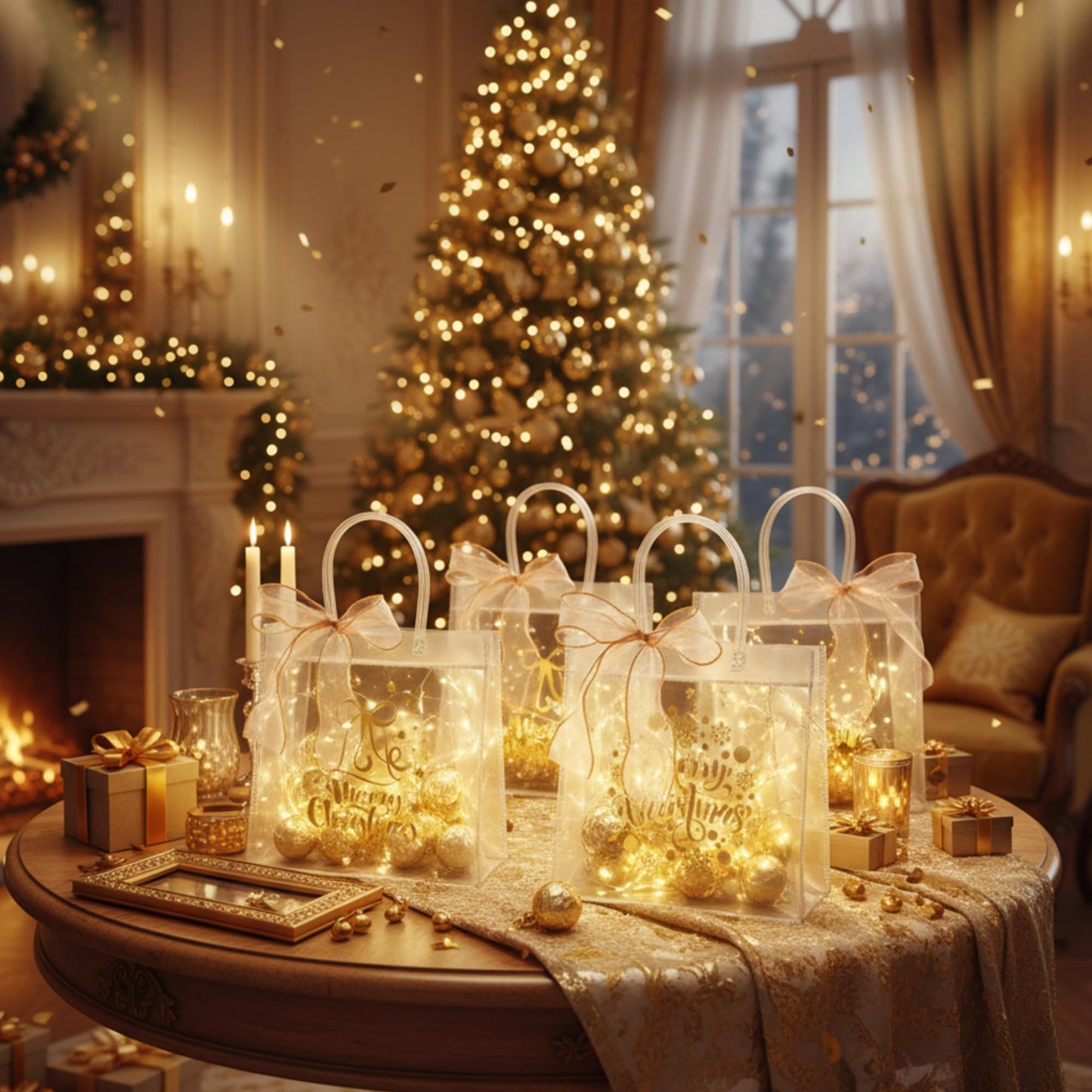 Henoyso 24 Pcs Gold Christmas Clear Gift Bags Plastic Goodie Candy Treat Bag with Handles PVC Gift Wrap Totes with Ribbon for Xmas Party Favors (7.8 x 7.8 x 3.1)