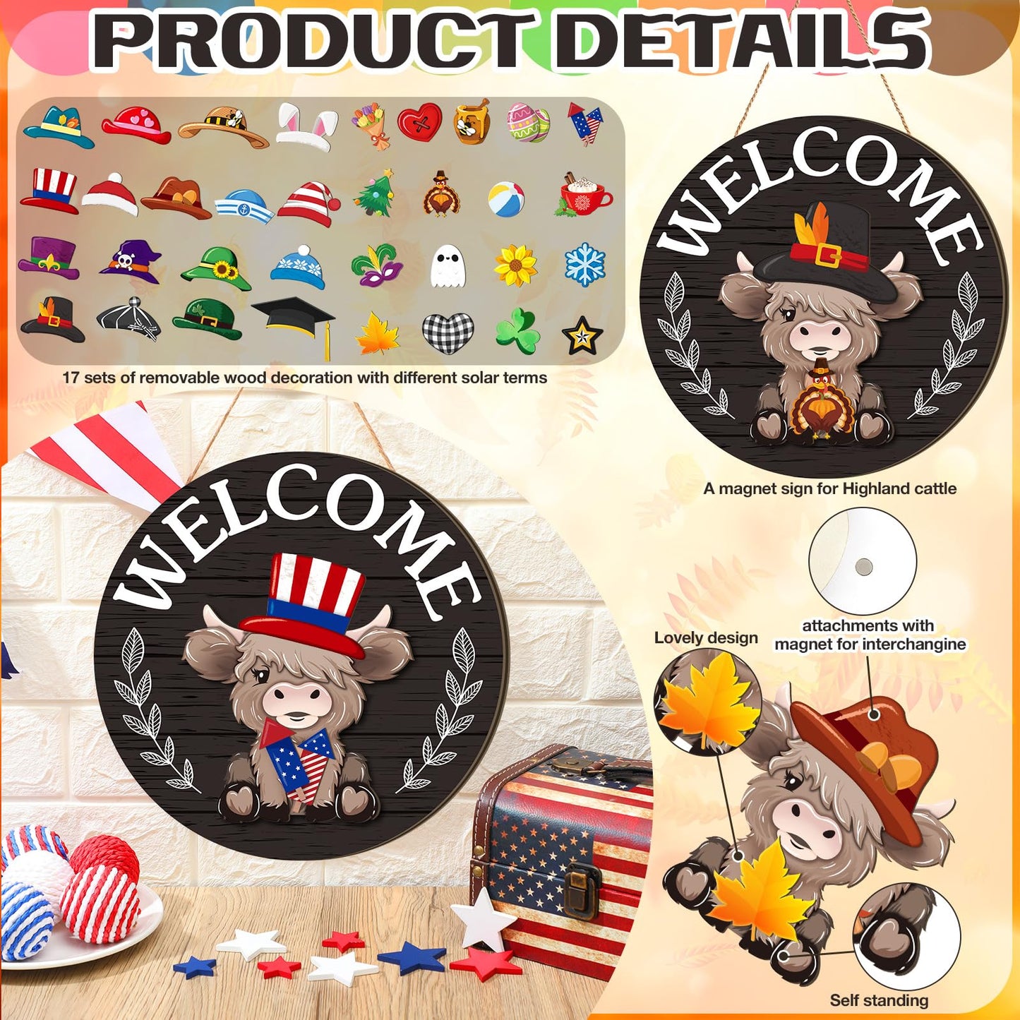 Vicenpal 35 Pcs Patriotic Interchangeable Highland Cow Welcome Sign Highland Cow Seasonal Wooden Hanging Door Decor 4th of July Farmhouse Hanging Sign for Graduation Party Decor