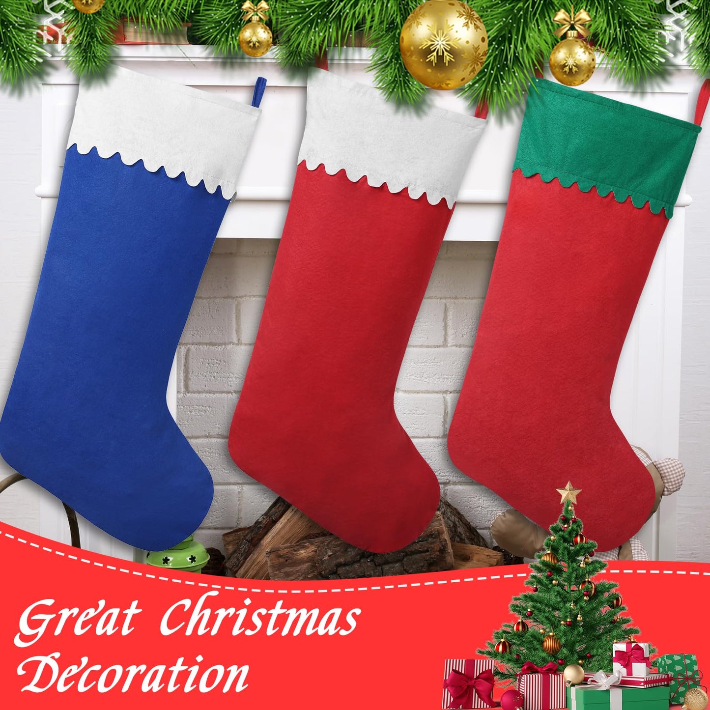 Asisca 2 Pack Jumbo Felt Christmas Stockings, 38 Inches Large Red and White Felt Christmas Stockings for Xmas Tree Fireplace Hanging Decor and Holiday Party Family Home Decorations