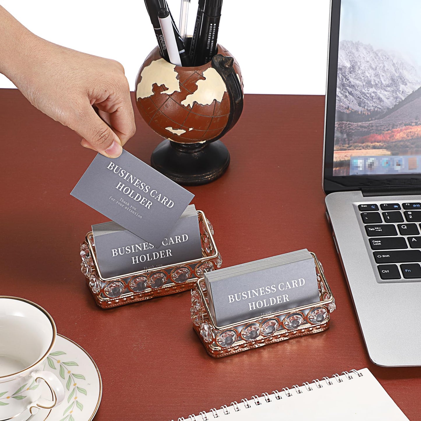 Hipiwe 2 Packs Crystal Business Card Holder Gold Metal Business Card Display Holder for Desk Bling Office Desktop Business Card Storage Organizer with Mirror Base
