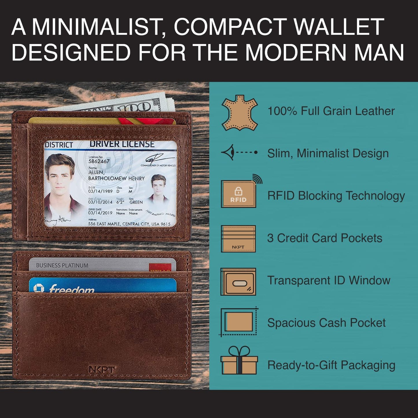 NKPT Thin RFID Leather Credit Card Holder Wallet for Men or Women | Small Slim Design, Classic Brown