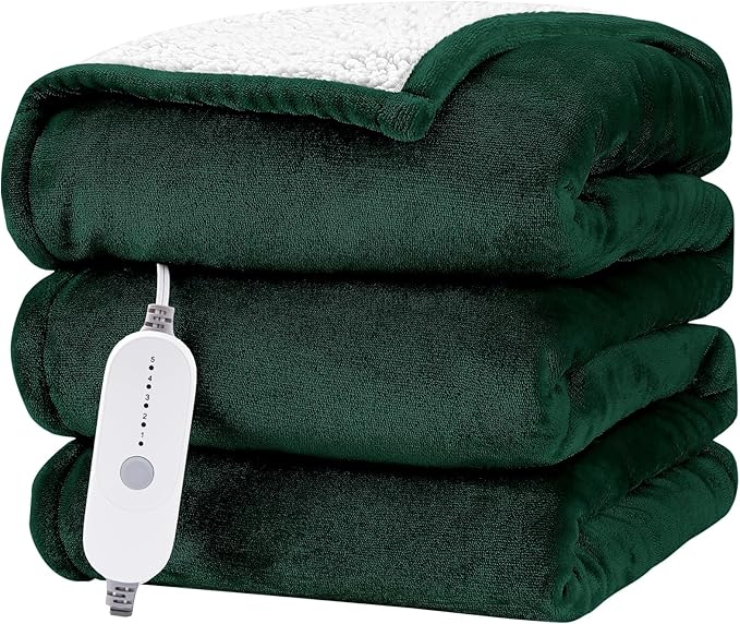 HYLEORY Heated Electric Blanket Full 72"x84" Soft Fleece & Flannel with 5 Heating Levels & 10 Hours Timer Auto Shutt Off, ETL Certified, Washable，Heated Blanket for Body-Dark Green
