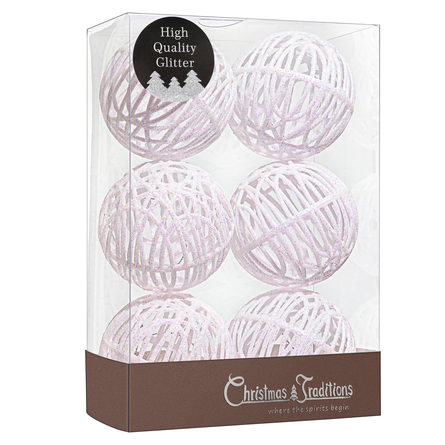 Christmas Traditions 4 inch Glittered Iridescnet White Rattan Ball Ornaments Hanging Tree Decorations (Set of 6) (Iridscent White), Large