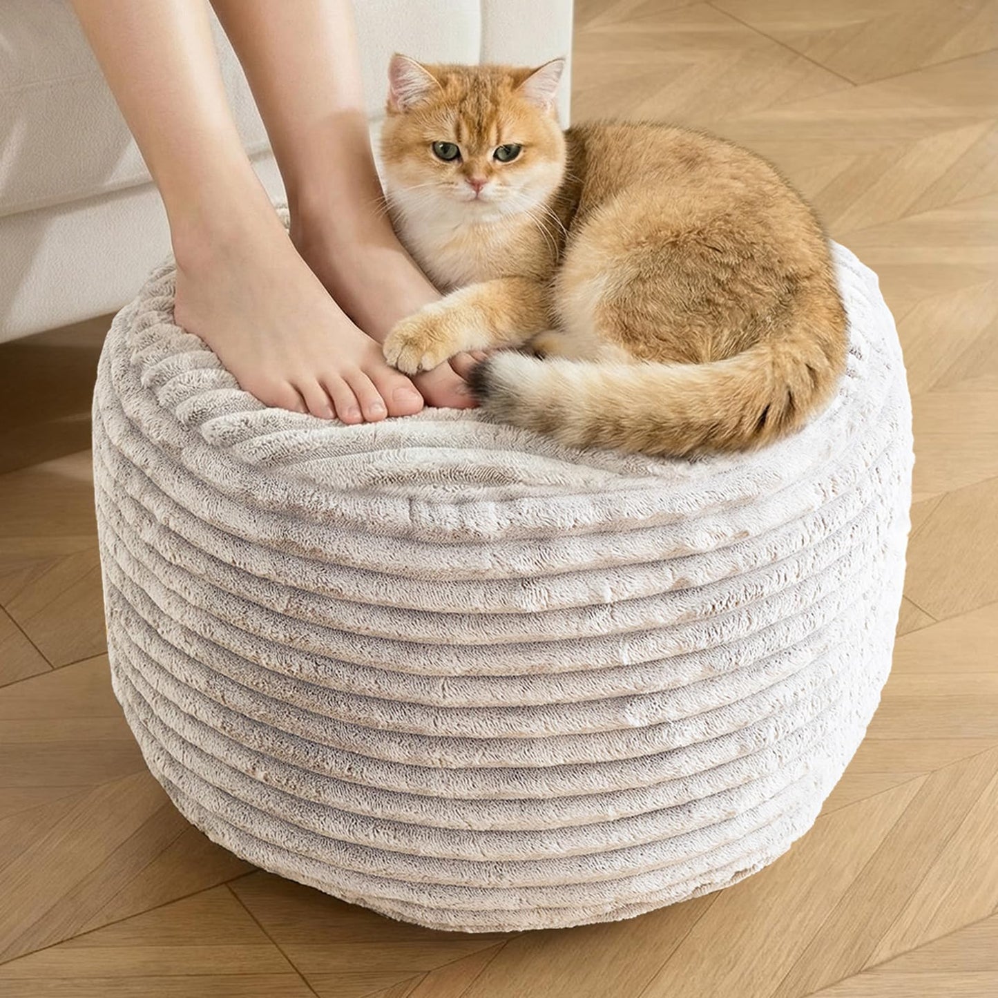INSPIRE CRAFTER Round Pouf Ottoman,Corduroy Poufs with Memory Foam Filling for Foot Rest,Soft Footstool for Living Room,Office,20"x 15",Beige