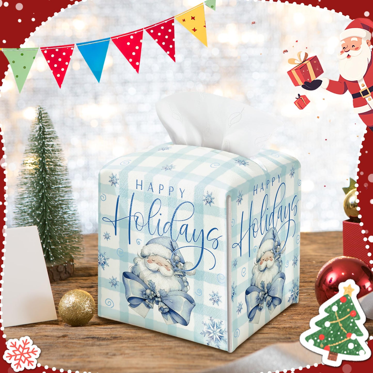 Happy Holidays Box Cover Square, Santa Claus Blue Checkered Decorative Tissue Box Holder, Waterproof Leather Tissues Boxes Dispenser for Bathroom, Office, Car, Bedroom Nightstand, Home Decor