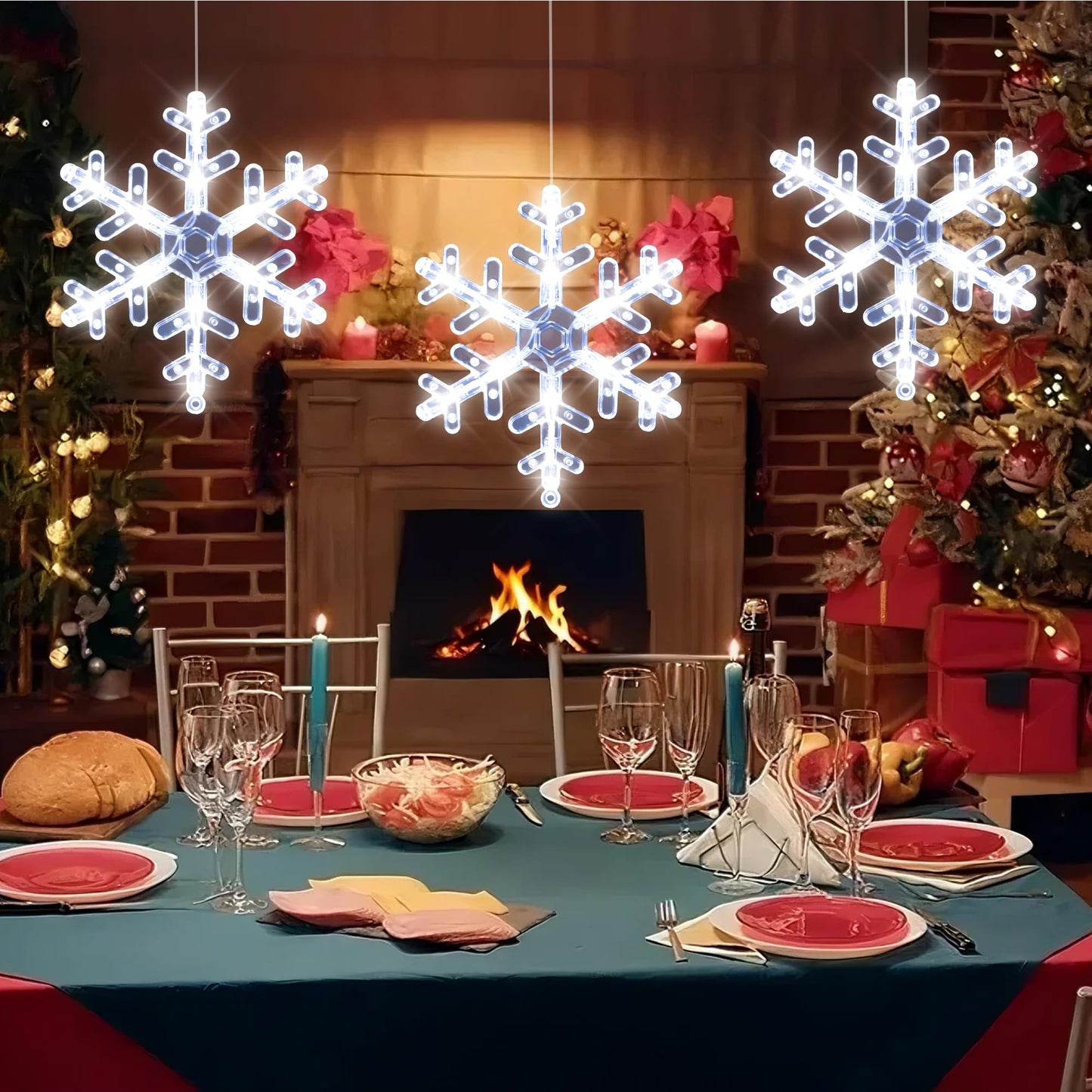 [Timer] Christmas Window Decorations, 3 Pack Snowflake Christmas Window Lights with Suction Cup, Hanging LED Battery Operated Xmas Lights Indoor Outdoor Xmas Tree Fireplace Home Party Decor - While