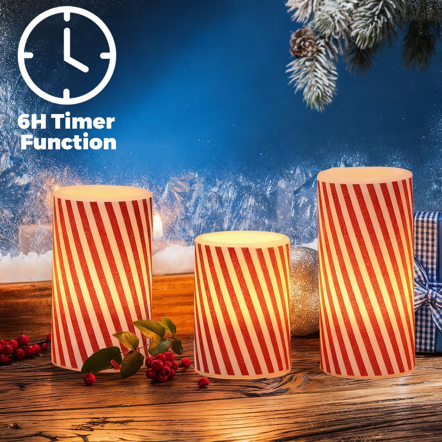 Wondise Christmas Red Stripes Glitter Flickering Flameless Candles with 6H Timer, Battery Operated Pillar Candles, Real Wax LED Candles for Home Christmas Decoration Gift(D3 x H4 x5 x6)