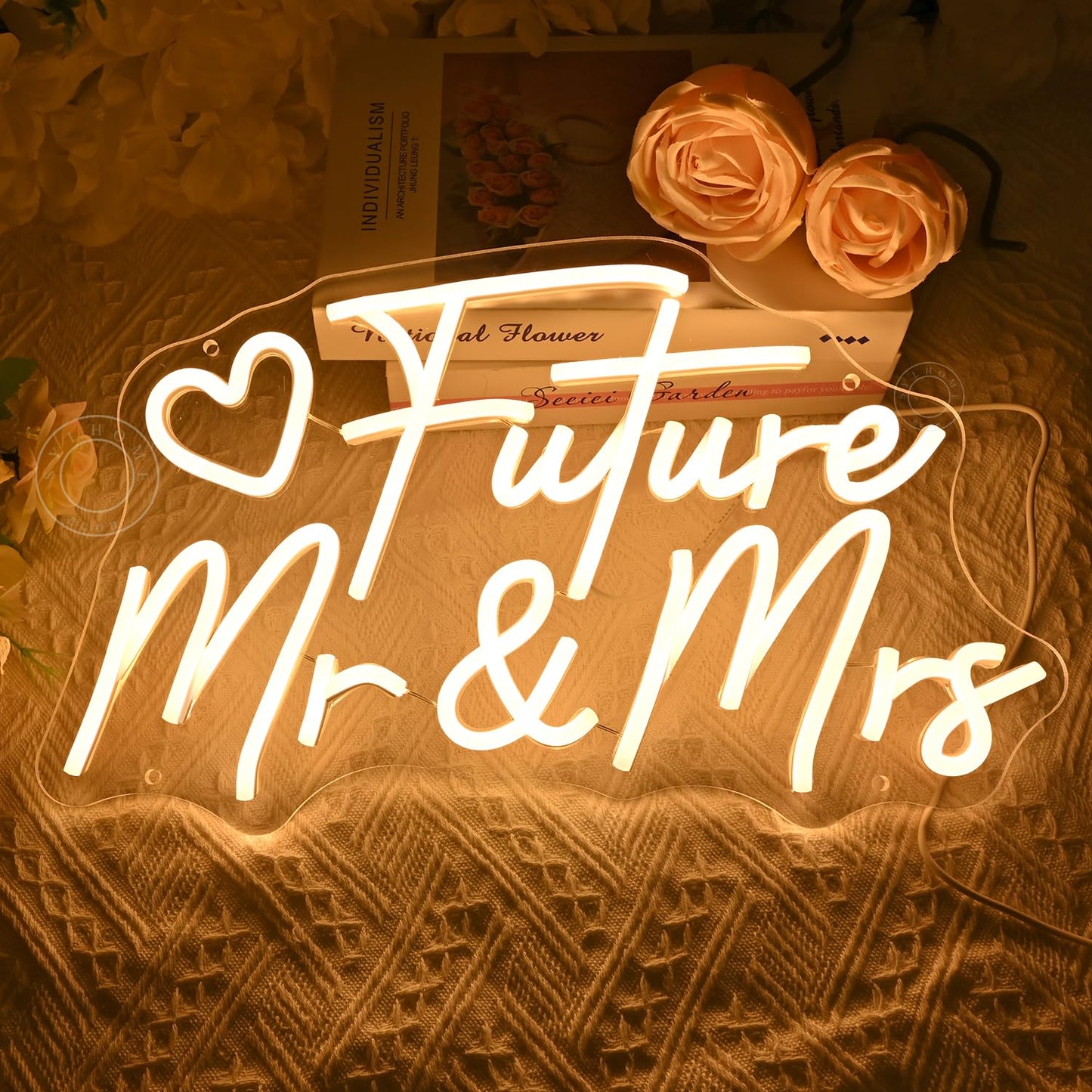 SYLHOME Future Mr & Mrs Led Neon Light Sign Wedding Wall Decor Sign Banner Engagement Party Bridal Shower Light Up Sign Backdrop 15.75" X 9.25" USB Warm