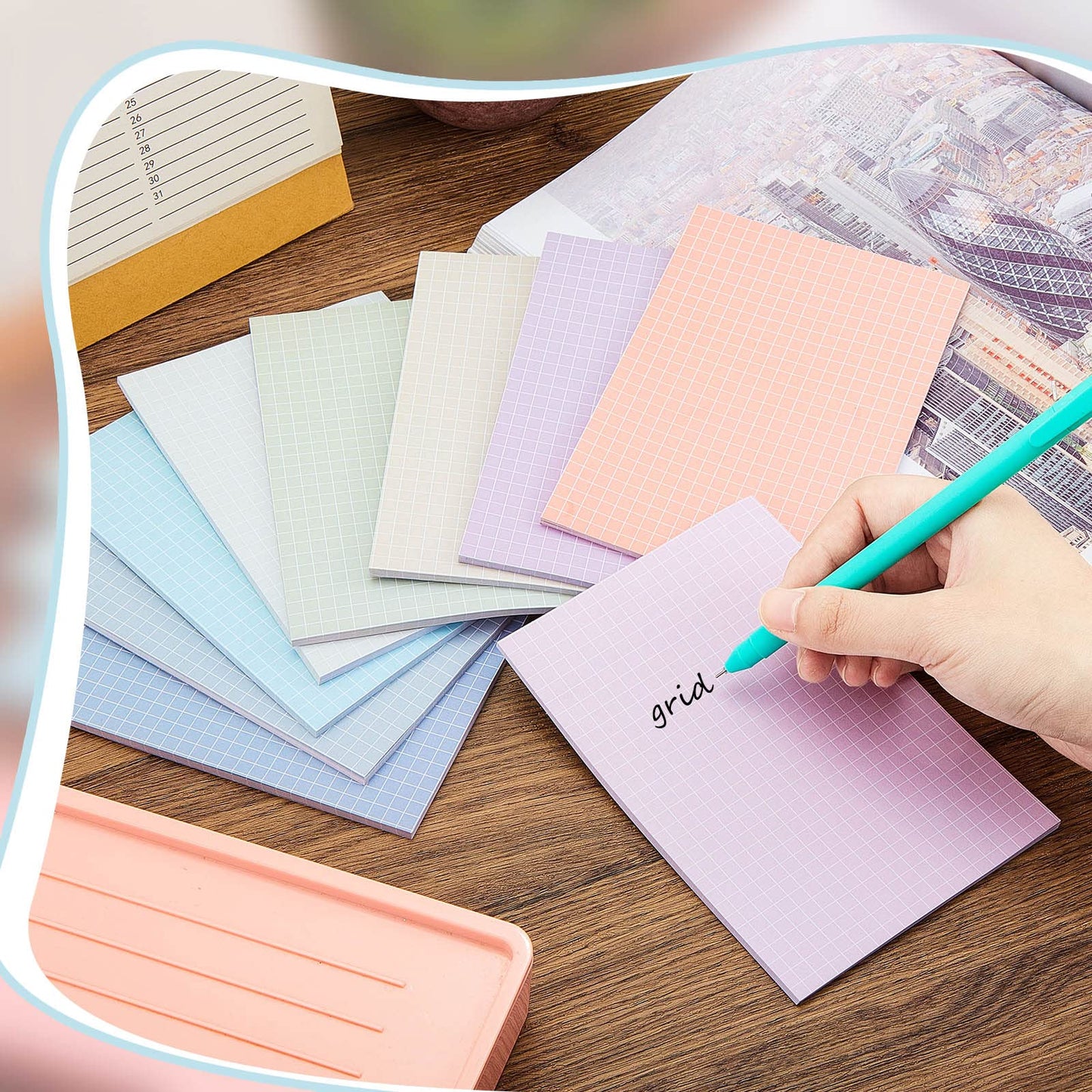 Jecery 9 Pack 4 x 6 Inch Grid Sticky Notes Self Adhesive Memo Pad Cute Graph Paper Self Stick Note Pads with Grid Lines for Gifts Office Supplies, 270 Sheets(Soft Colors)