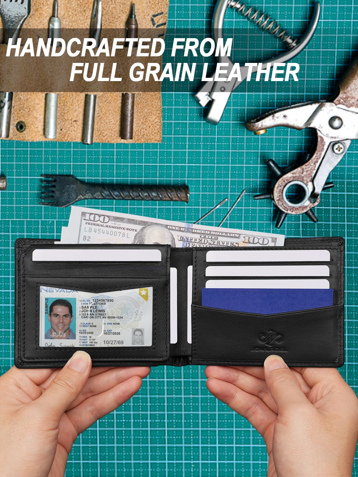 Jowlroel AirTag Wallet for Men - RFID Blocking, 2 ID Window, 12 Card Holders, 2 Bill Dividers, Top Grain Leather Bifold Wallet with AirTag Holder - Stylish Gift Box
