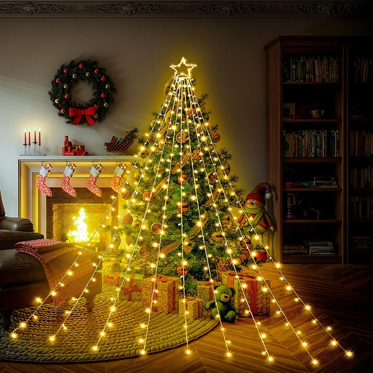 MINIAO Christmas Star String Lights, 320 LED Waterfall Tree Lights with 13" Topper Star 8 Lighting Modes Indoor Outdoor Halloween Decorations for Holiday, Wedding, Party (Warn White)