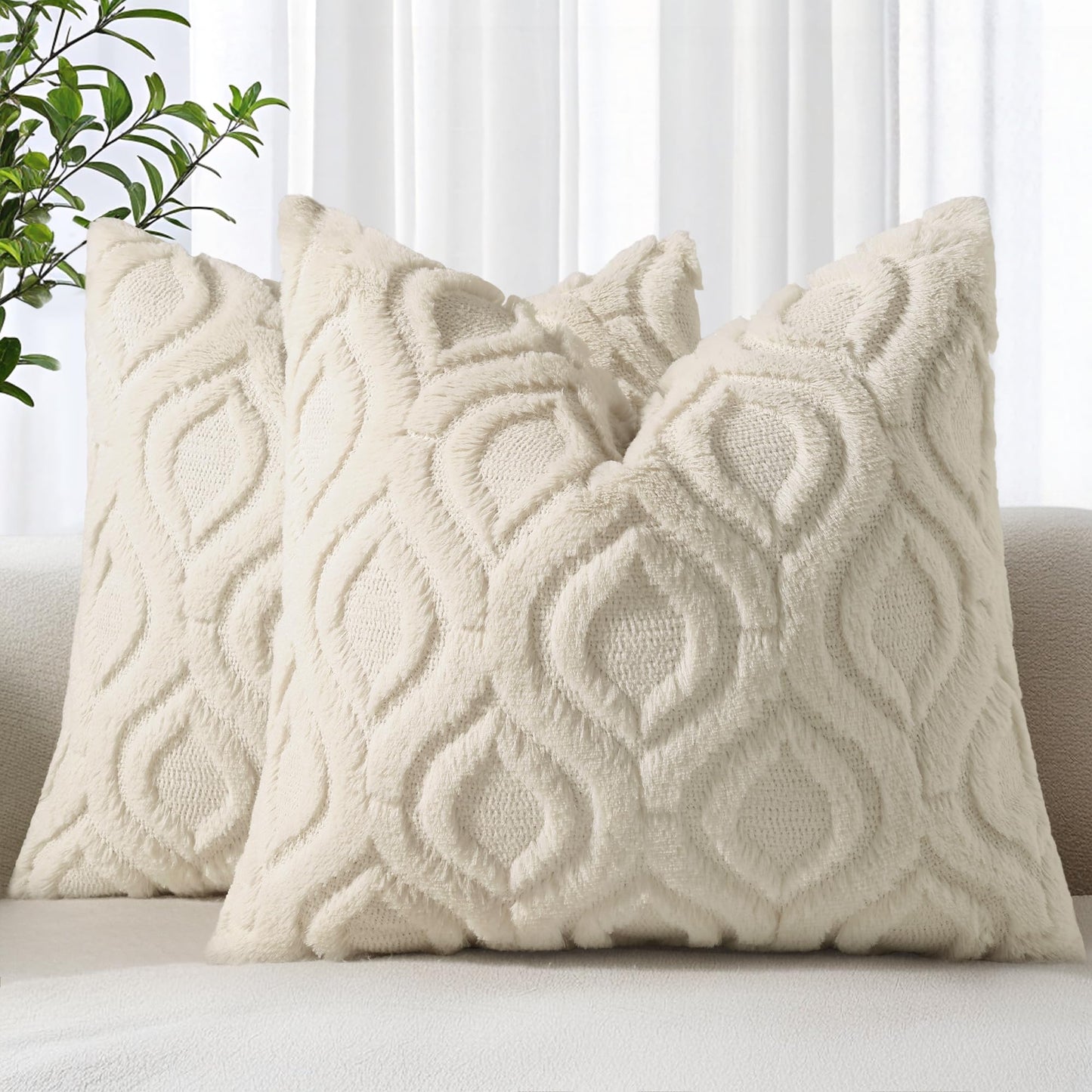 decorUhome Fall Throw Pillow Covers 18x18 Inch Set of 2, Soft Plush Faux Wool Beige Solid Couch Pillow Covers, Accent Farmhouse Neutral Square Pillow Cases for Sofa Bed Living Room