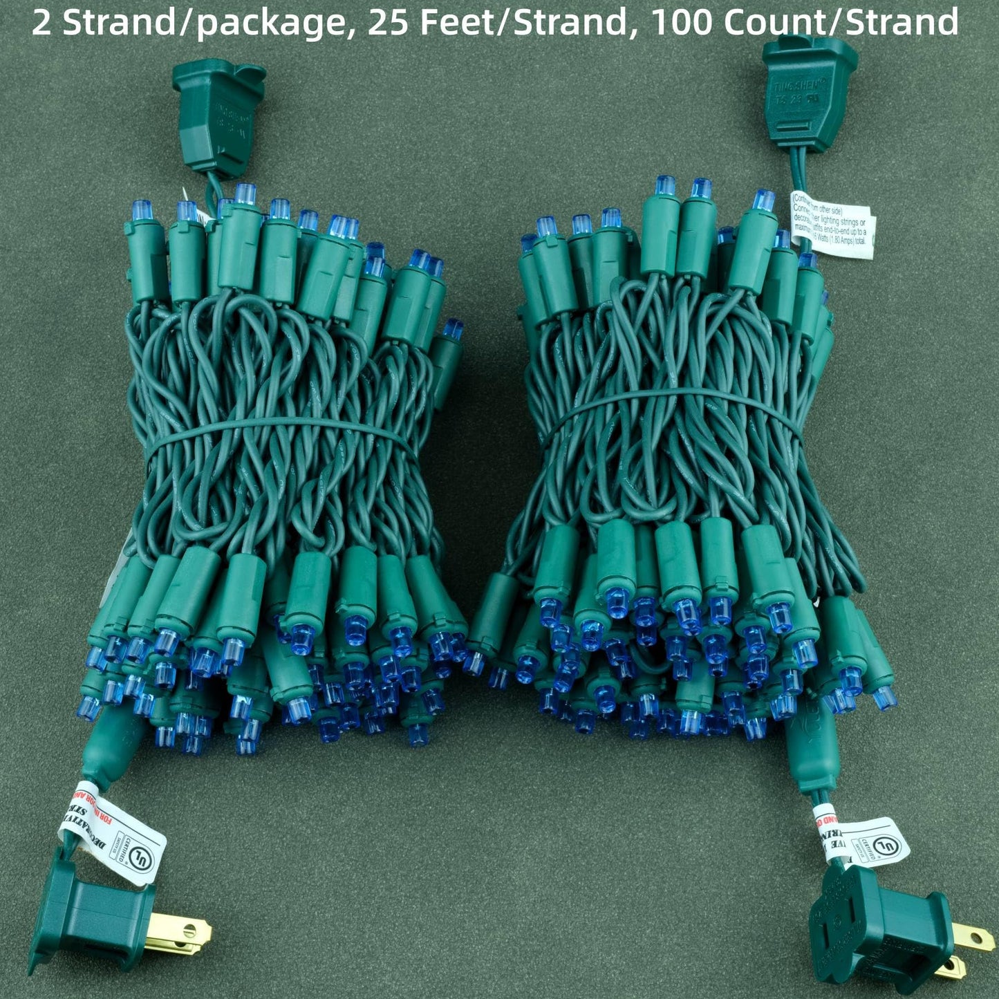 YULETIME 200 Blue Christmas String Lights, 2-Set 25 ft 100 Wide Angle LED