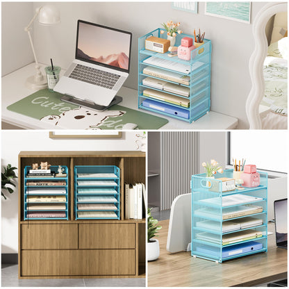 Subekyu 6-Tier Desk Paper Organizer, Desktop File Letter Tray with Handle, Document Sorter and Accessories Holder for Office, Home and School Workspace Organizers, Blue-2 Pack