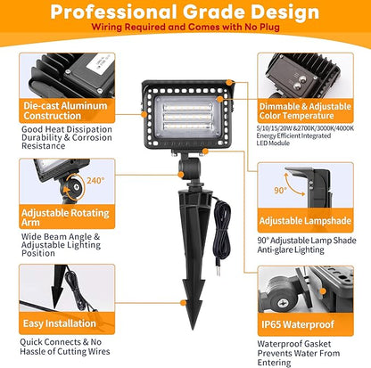 Gardenreet Low Voltage Flood Light - Landscape LED Wall Wash Light 12V, 5/10/15/20W & 3 Color Temperature Adjustable, Outdoor Aluminum Waterproof Black Lighting for Patio Tree Yard Wall 4 Pack