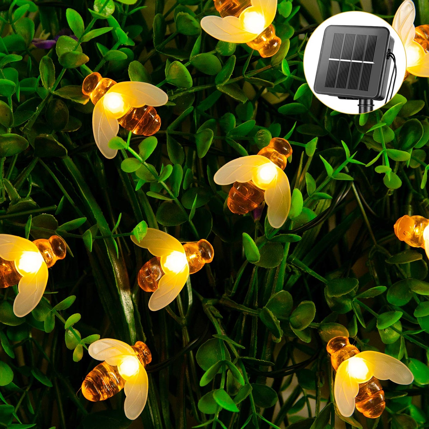 Brightown Solar Bee String Lights Outdoor 31FT 50 LED Honeybee Fairy Lights with 8 Lighting Modes, Waterproof Solar Bumble Bee for Patio Yard Garden Grass Wedding Christmas Party Decor, Warm White