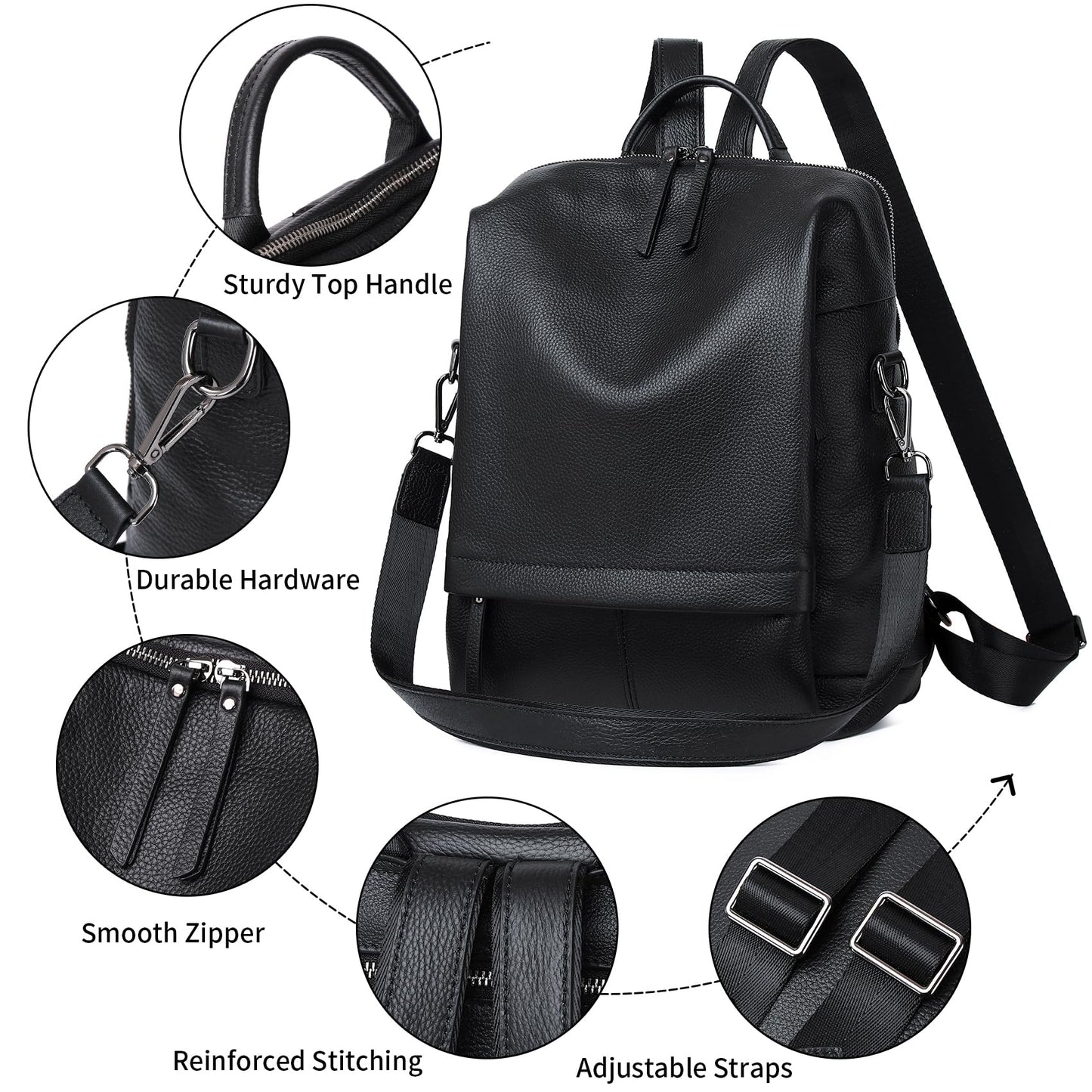 Wesccimo Genuine Leather Backpack Purse for Women, Fashion Designer Soft Backpack with Large Compartment Black