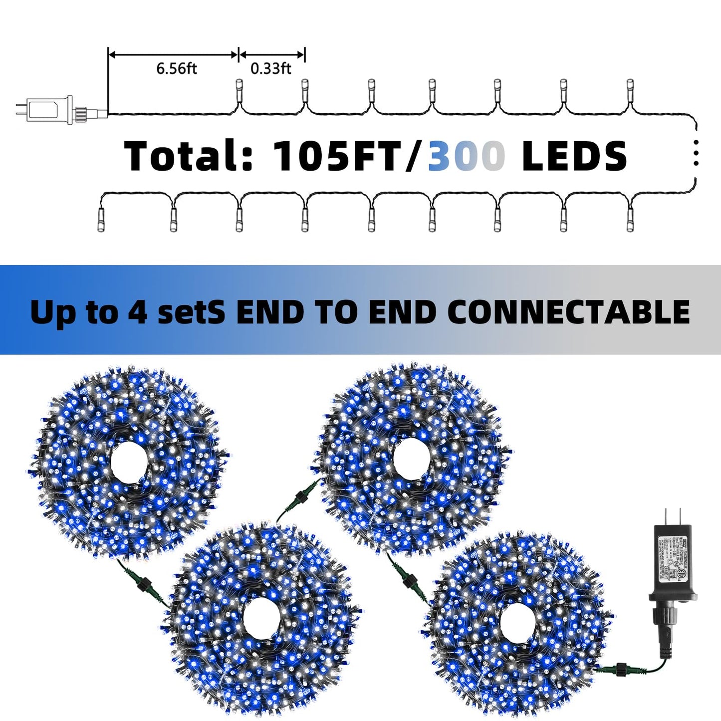 XTF2015 Christmas String Lights, 105ft 300 LED Christmas Lights 8 Modes Memory Function & Timer- UL Certified - Outdoor Indoor Christma s Fairy Lights for Tree, Garden, Party, Wedding(Blue + White)