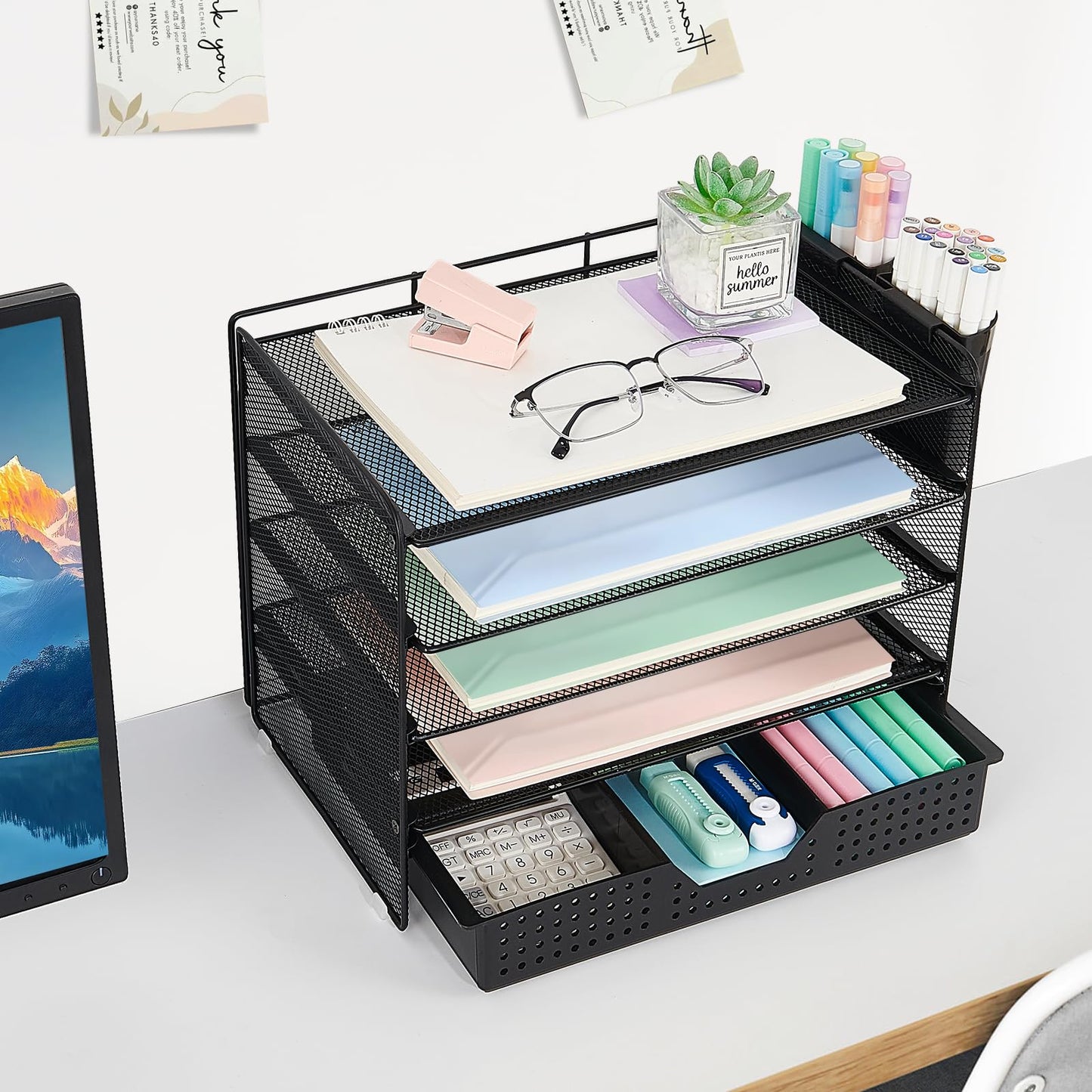 LEKETREE Desk Organizer and Accessories, 5-Tier Paper Letter Tray Organizer with Drawer & 2 Pen Holders for Desktop File Organization, Office Desk Accessories for Supplies Storage (Black)