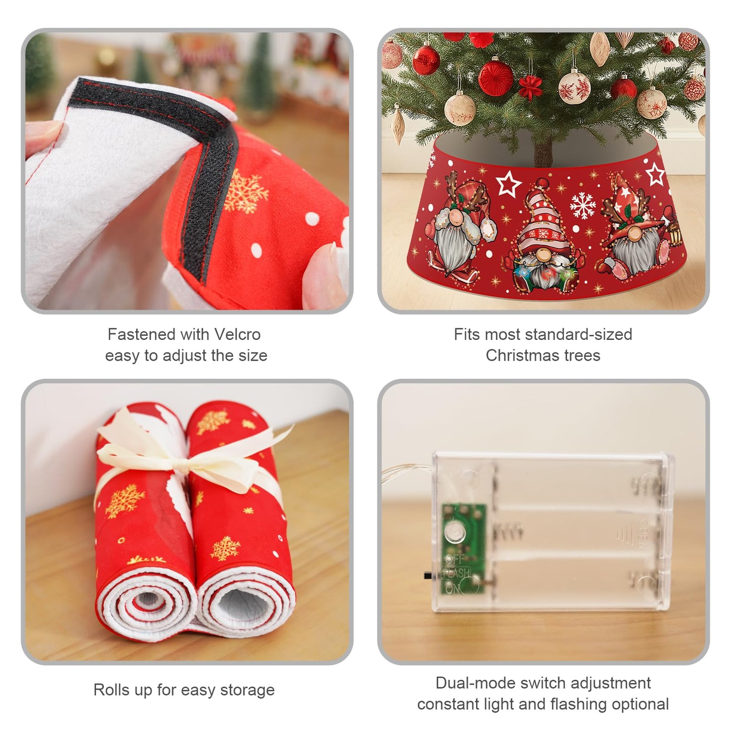 Christmas Gnome Tree Collar with LED Light Red Tree Skirt Ring Base Cover for Christmas Trees Decoration Holiday Indoor Outdoor