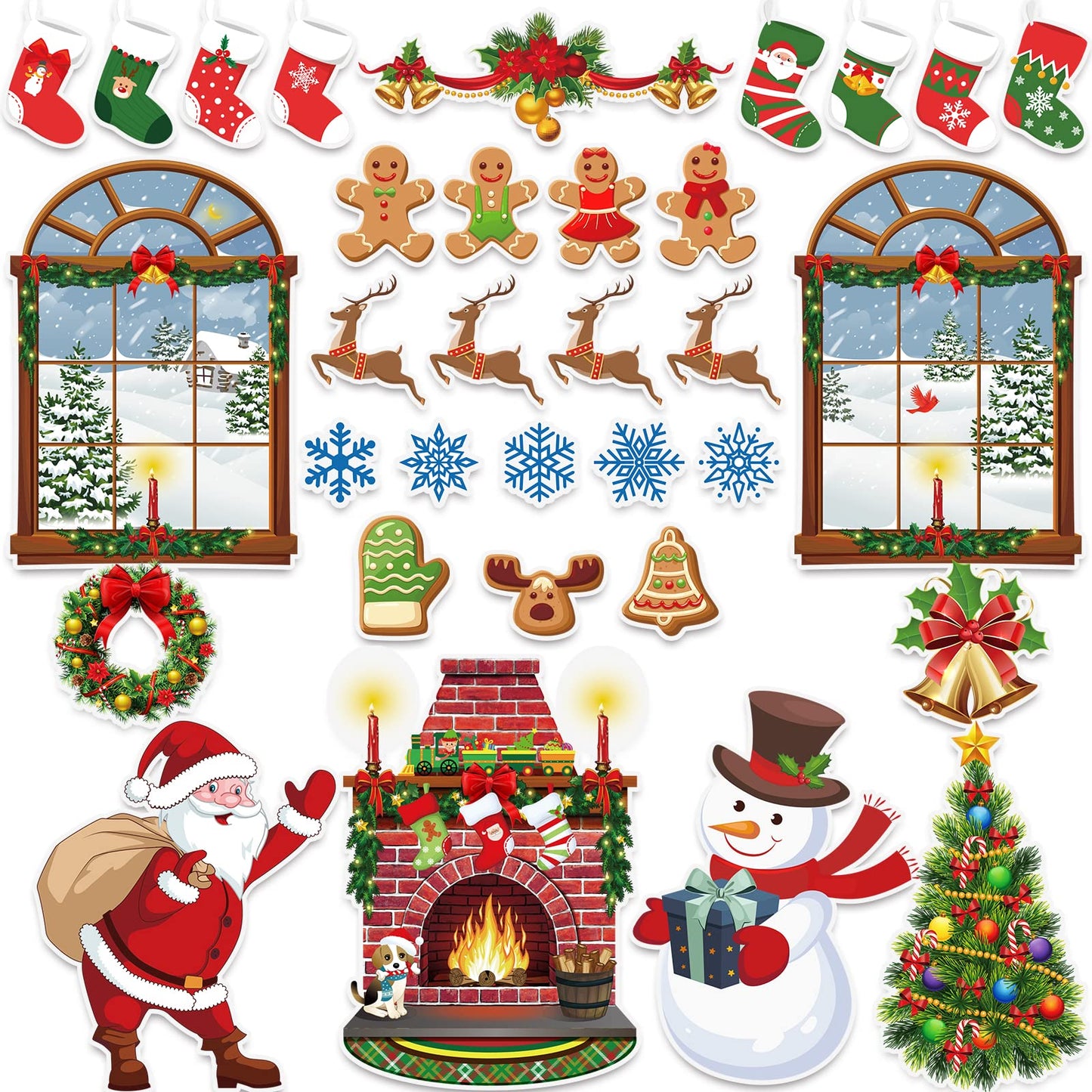 TaoBary 33 Pcs Christmas Bulletin Board Decorations Set for Classroom with Fireplace Santa Snowman Tree Window Garland Bell Stocking Gingerbread Xmas Cutouts for Office School Home Winter Party Decor