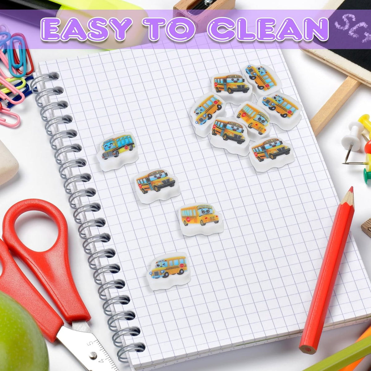 PerKoop 60 Pcs Mini Erasers for Kids Cute School Bus Erasers Bulk Welcome Back to School Gifts for Students Classroom Rewards Prizes Party Favors