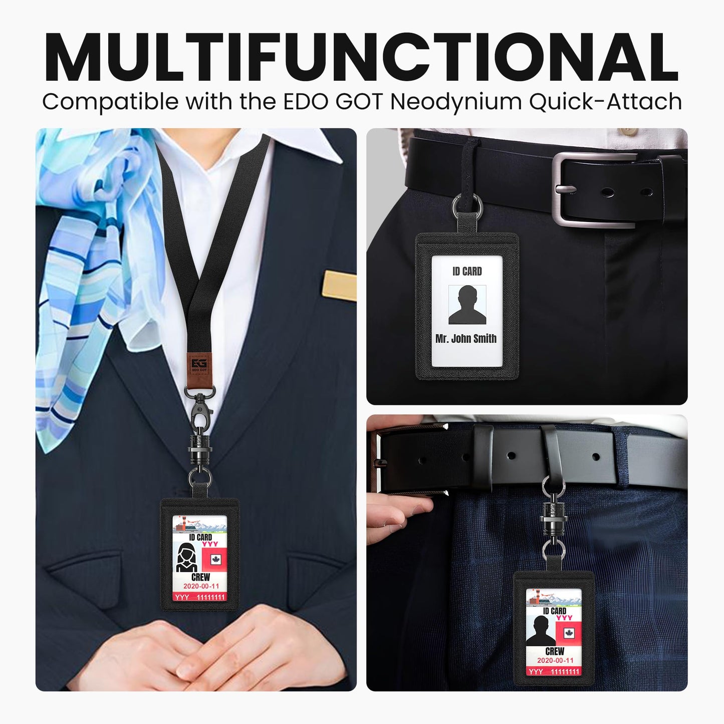 EDO GOT Black Genuine Leather ID Badge Holder for a Lanyard or Belt Loop, Premium ID Card Holder Multinational Design with Spring Ring Clasp, Elastic Back Card Pocket, ID Swipe Badge (Black)