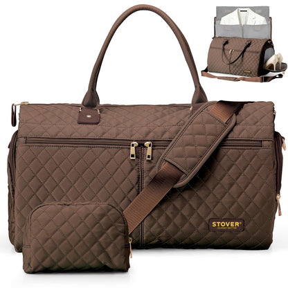 STOVER Women’s Convertible Garment Duffel Bag for Travel – 2-in-1 Carry-On Weekender/Overnight Tote - Wrinkle-Free Dresses, Suits & Clothes + Shoe Compartment & Bonus Toiletry Bag (Mocha Brown)