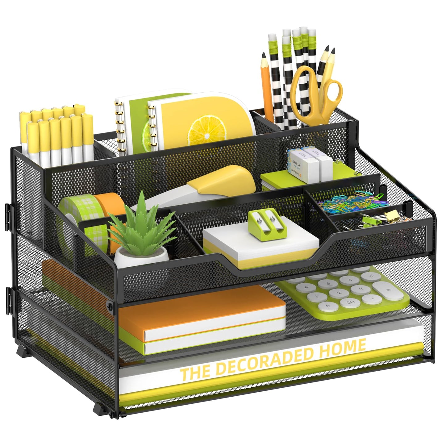 SUPEASY 3 Tier Desk Organizer, Mesh Letter Tray Paper Organizer with 5 Adjustable Storage Compartments & Pen Holder, Metal Desk Accessories for Home Office School, Black