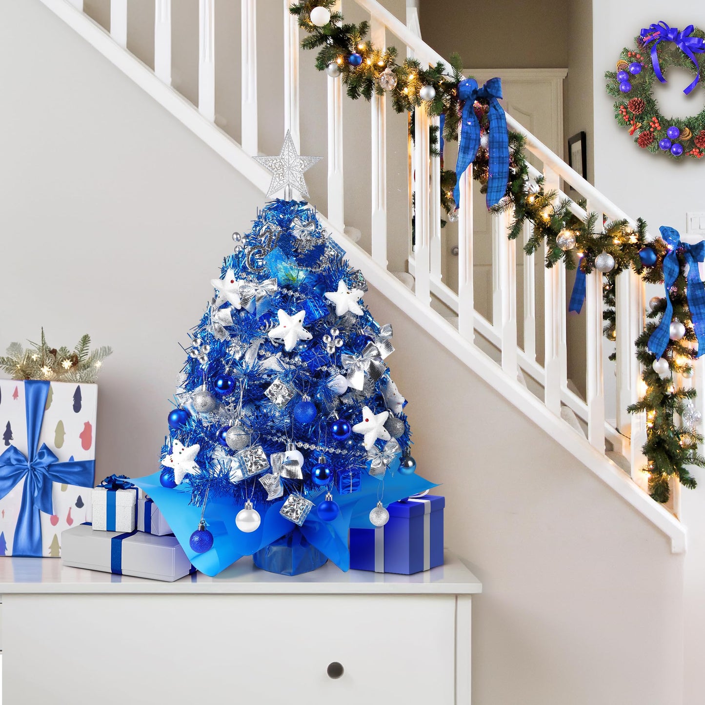 2FT Mini Christmas Tree, Blue Tabletop Christmas Tree, Prelit Small Christmas Trees with 60 LED Lights, 100 Lifelike Branches, 73 Ornaments, Artificial Xmas Tree for Home Indoor Decor