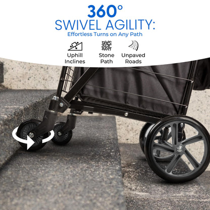 SereneLife Large Folding Utility Shopping Cart with Removable Liner – Heavy Duty, 360° Swivel Wheels, 110 lb Capacity, Portable for Groceries, Laundry, Luggage, and More (Black)
