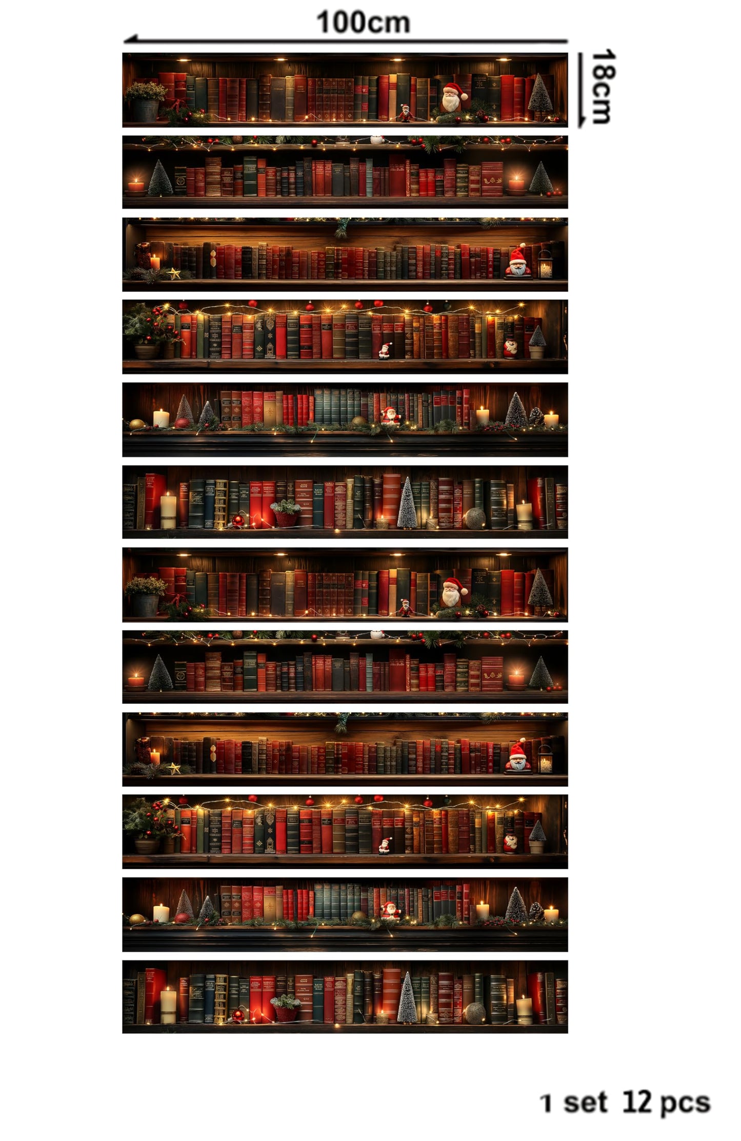 AMAZING WALL Holiday Stair Riser Decals, Bookshelf with Warm Lights, Peel and Stick, Removable, Set of 12, Seasonal Home Decor