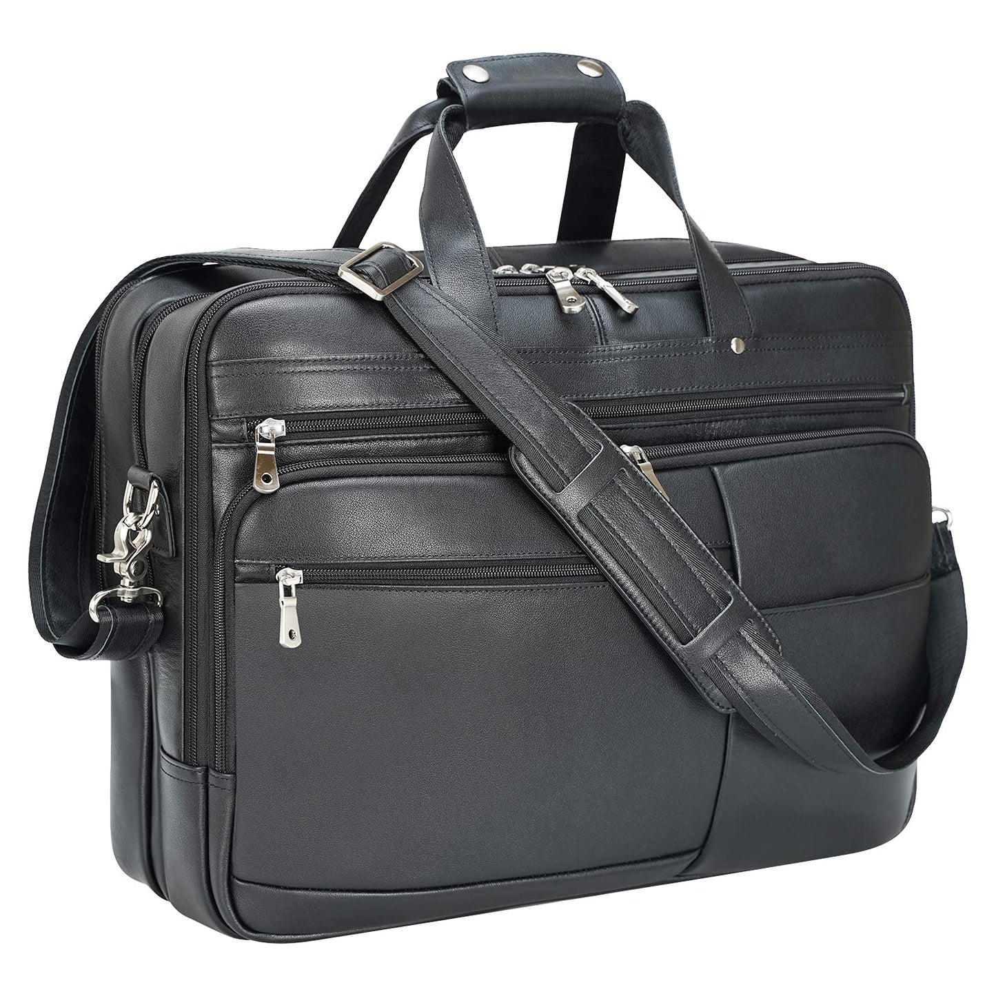 Polare X-Large 18" Napa Leather Briefcase For Men Business Travel Case Messenger Bag Fits 17.3" Laptop (Black)