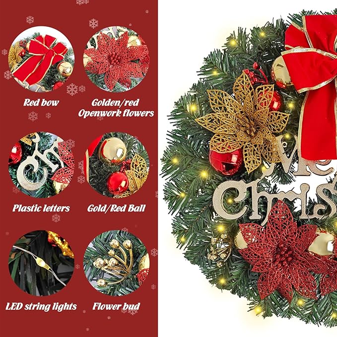 FR Artificial Pre-Lit Fir Christmas Wreath Holiday Accent Decoration, Wintry Pine, Decorated with Pine Cones Berry Clusters Frosted Branches, with LED Lights for Door, Mantel 16 Inch