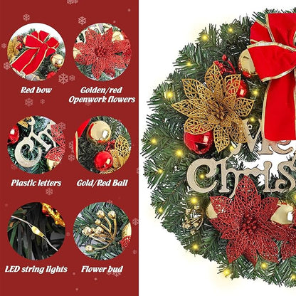 FR Artificial Pre-Lit Fir Christmas Wreath Holiday Accent Decoration, Wintry Pine, Decorated with Pine Cones Berry Clusters Frosted Branches, with LED Lights for Door, Mantel 16 Inch