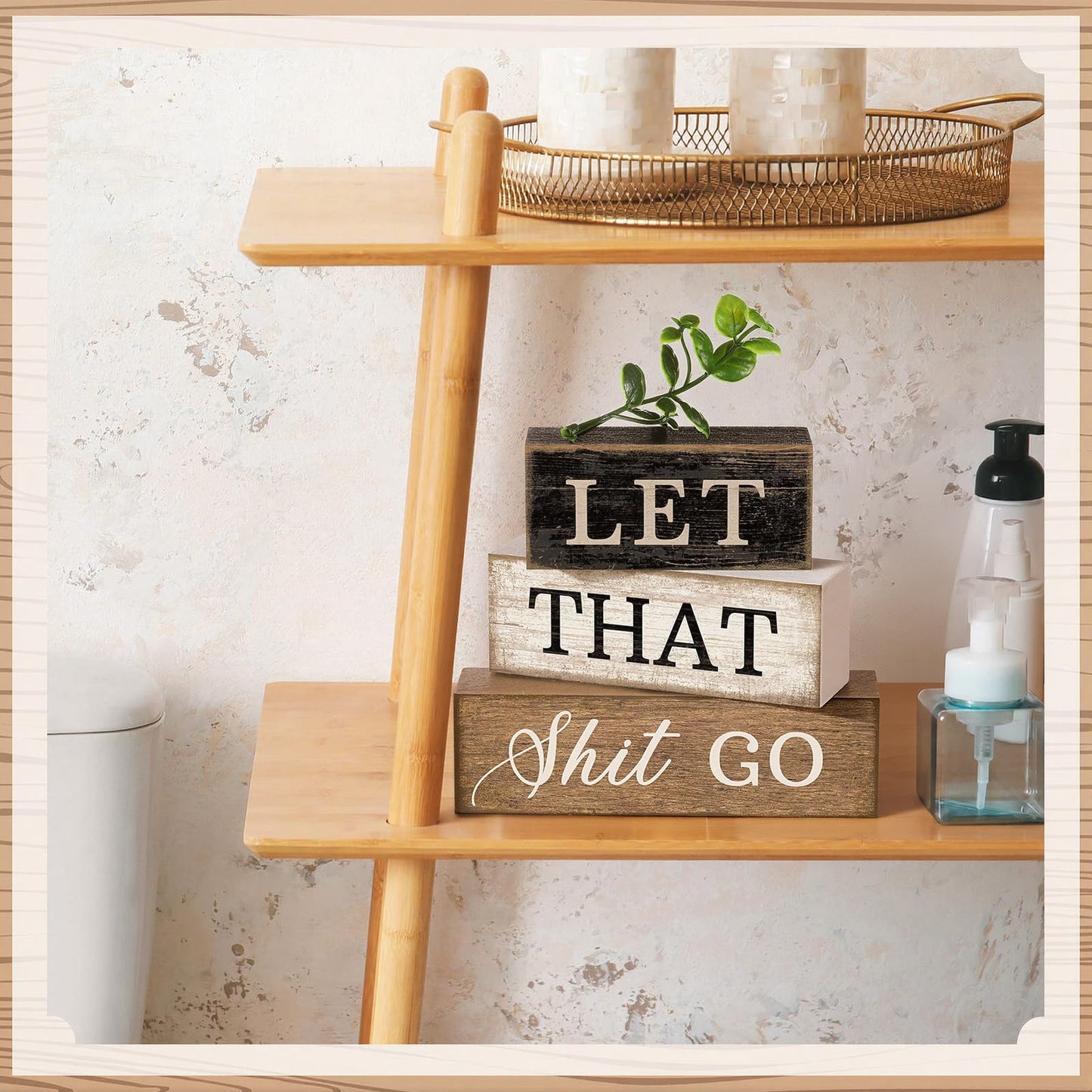 Moucuny 4 Pcs Bathroom Shelf Decor Sign Farmhouse Bathroom Decor and Accessories Rustic Eucalyptus Leaves Wood Block Sign Gift Let That Shit Go Funny Farmhouse Table Centerpiece for Home Office Toilet