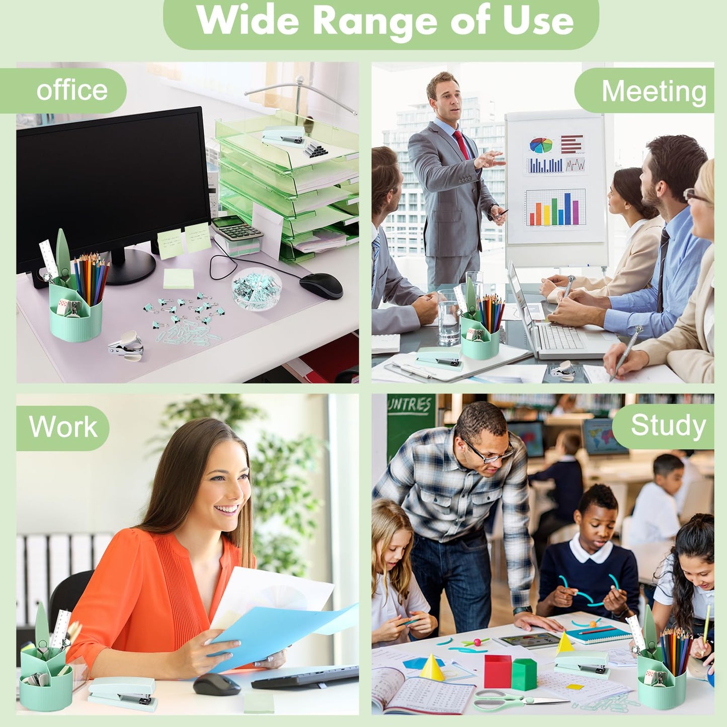 Marspark Sage Green Office Desk Accessories 12 Pcs Office Supplies Set 360° Rotating Pen Holder, Stapler, Tape Dispenser, Scissor, Sticky Notes, Binder Clips, Desk Organizers Gift for Home School