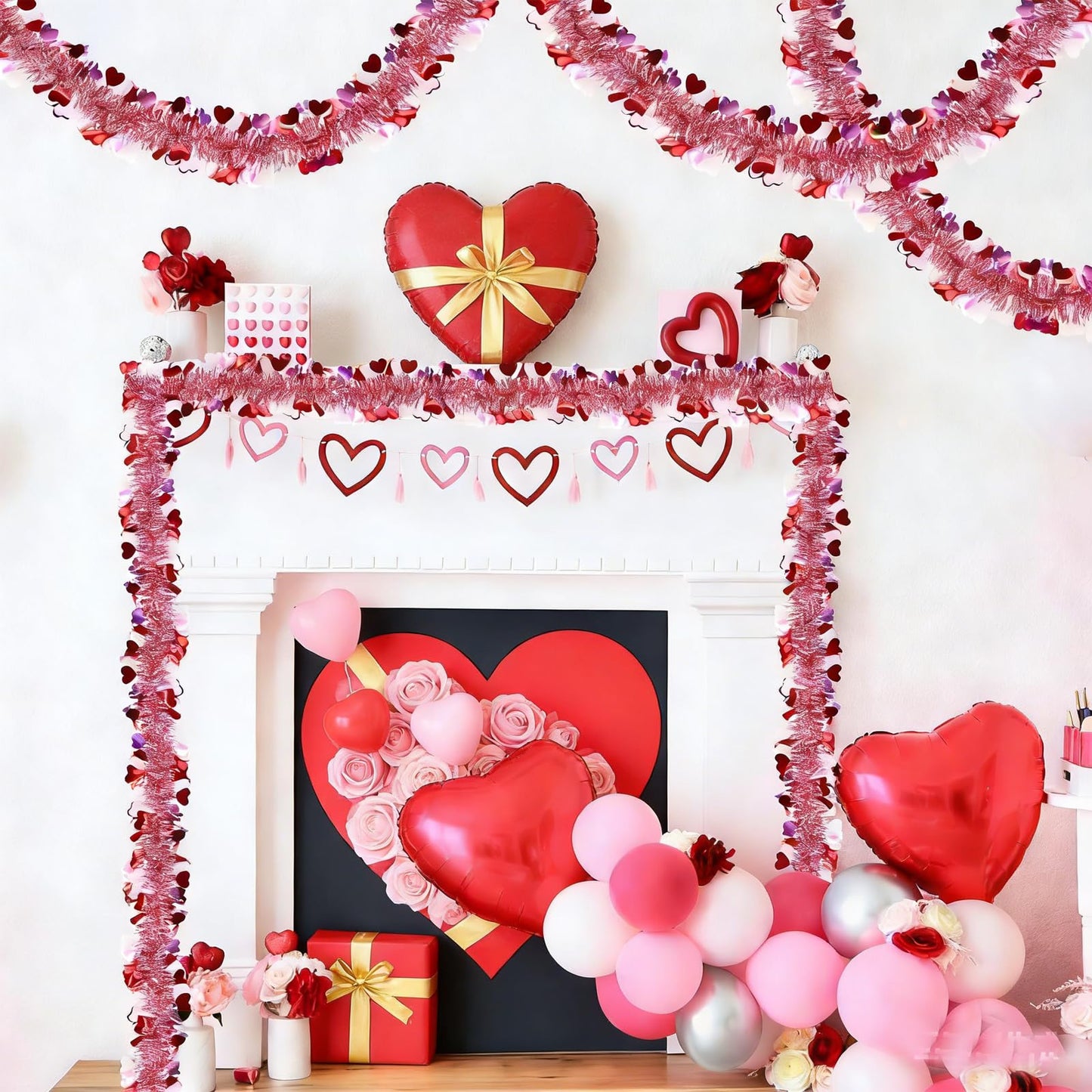 Valentines Day Garland with Hearts, 50 Ft Pink Red Glitter Tinsel Garland for Wedding Party Decorations, Metallic Hanging Decor for Home Indoor Outdoor, Mantel Table