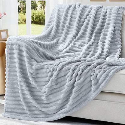 decorUhome Soft Fleece Light Grey Blanket King Size for Bed, Cozy Fluffy Plush Flannel Large Striped Throws for Couch Sofa, Lightweight Decorative Fuzzy Blanket for Woman, 108x90 Inches
