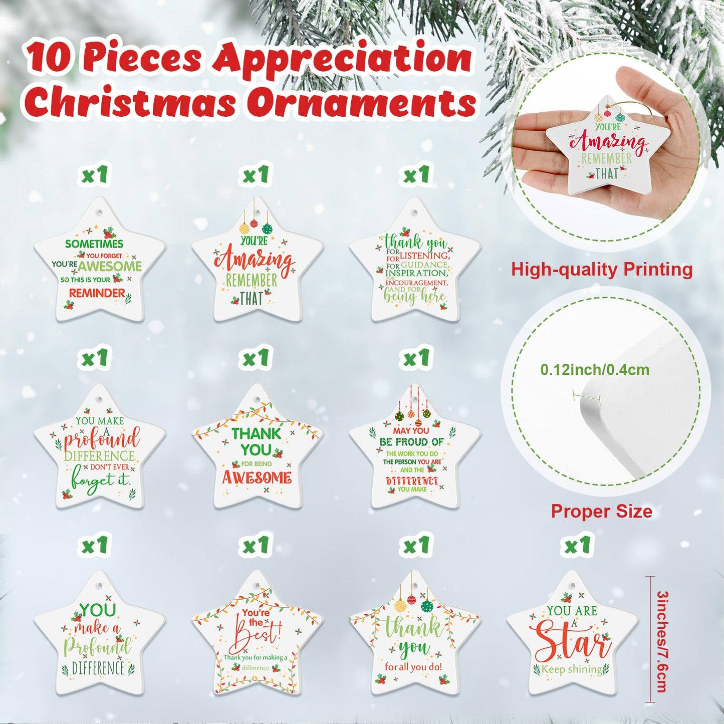 Tioncy 10 Pcs Christmas Thank You Ornament Gifts for Coworkers Employee Appreciation Gifts Thank You for Being Awesome Star Hanging Plaque for Teacher Friend Office Xmas Tree Decoration (Ceramic)