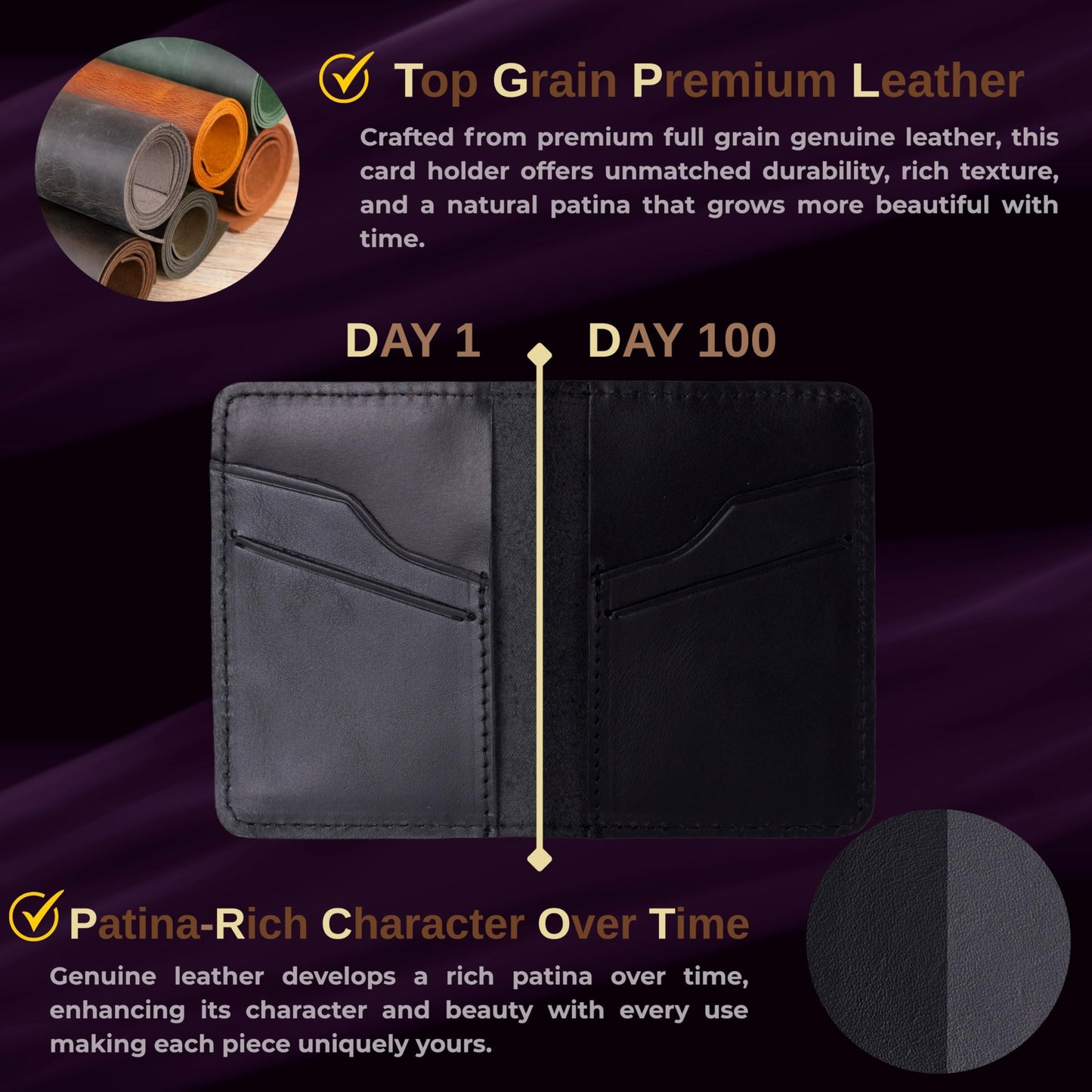 VENOULT Genuine Leather, Bi-fold Card Holder, Wallet with 4 Credit Card and 2 Cash Slots for Man or Women, (4.3 x 3.1 x 0.25 in), Slim Minimalist Design, Handcrafted (Rustic Black)