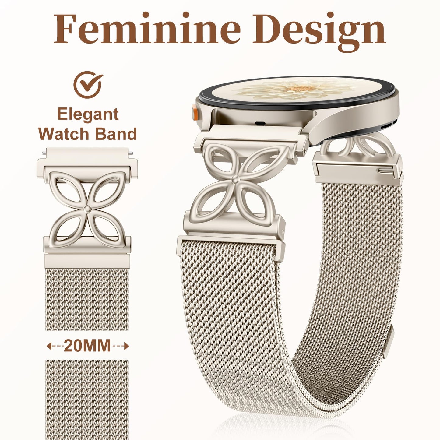 Getino Magnetic Metal Strap Compatible with Galaxy Watch 7 Band, Galaxy Watch 6 Classic Band FE 5 Pro 4 Active 2, 20mm Milanese Floral Dressy Wristband for Samsung Watch Bands Women 40mm 44mm 45mm