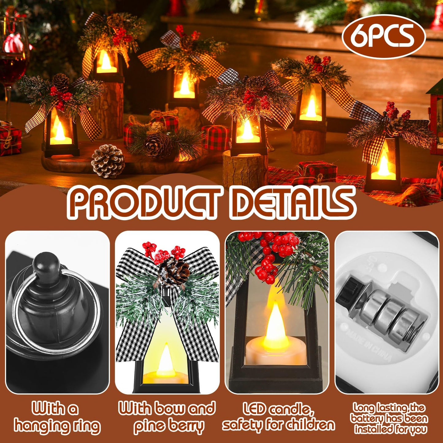 Set of 6 Christmas Mini Decorative Lanterns with Flickering LED Flameless Candle Hanging Lantern Decoration Bulk with Buffalo Plaid Bow Battery Included for Xmas Party (Black and White Bow)